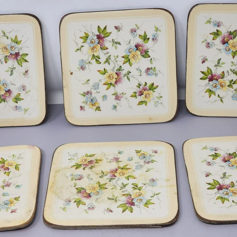 Vintage Floral‎ Cork-Backed Square Coasters Set Of 6
